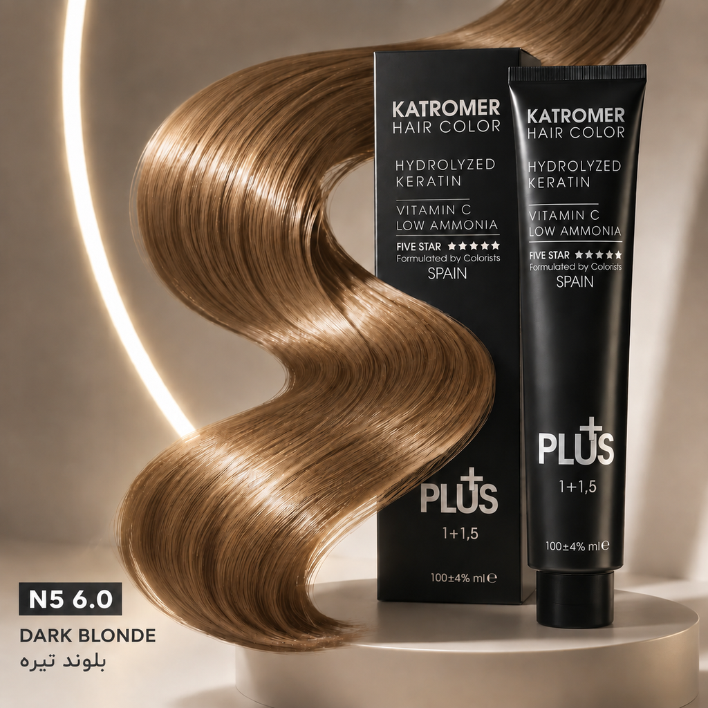 Katromer-hair-color-n5-dark-blonde تیوب و بسته بندی رنگ موی کاترومر شماره N5 بلوند تیره