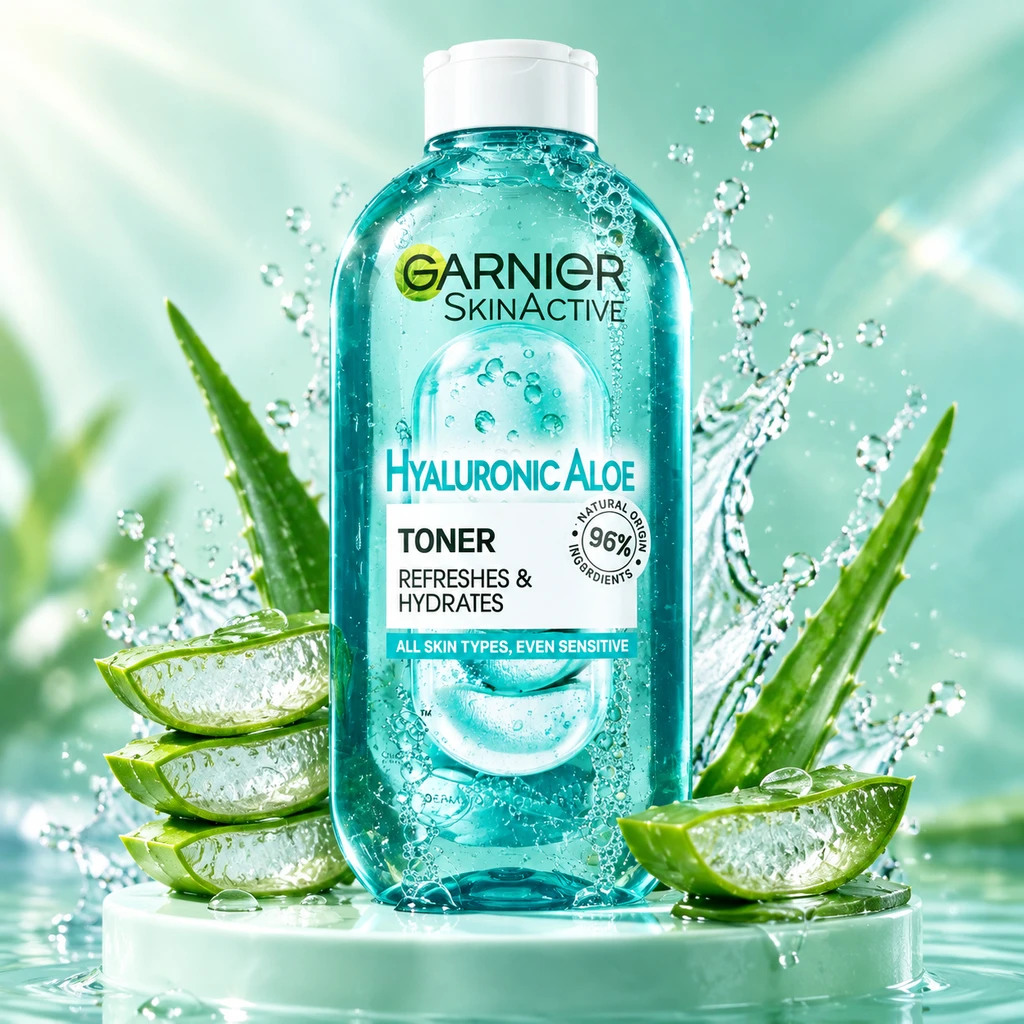 بطری تونر آلوئه ورا گارنیر مدل Hyaluronic Aloe به همراه برش‌های برگ آلوئه‌ورا و قطرات آب
