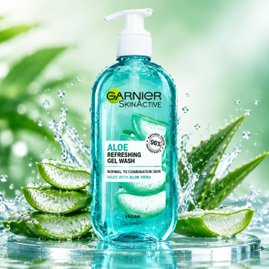 بطری پمپی ژل شستشوی صورت آلوئه ورا گارنیر مدل SkinActive به همراه برگ‌های آلوئه‌ورا